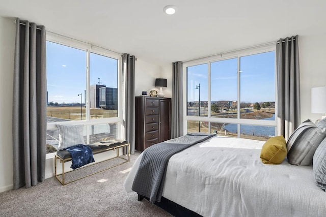 bedroom featuring a wall of windows, carpet floors, a water view, and multiple windows