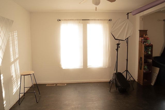 misc room featuring a wealth of natural light, dark wood-type flooring, and ceiling fan