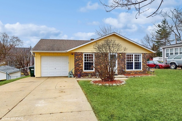 single story home with a garage and a front lawn