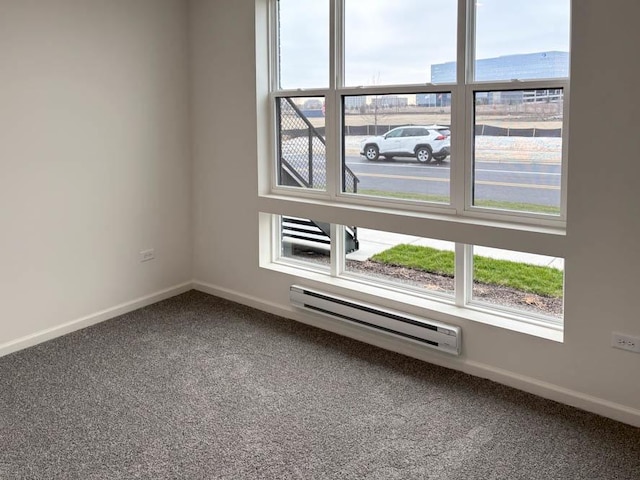 carpeted empty room with baseboard heating