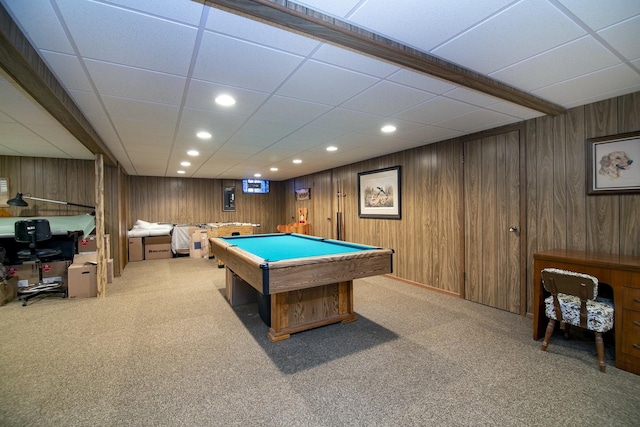 recreation room featuring a drop ceiling, light colored carpet, and billiards