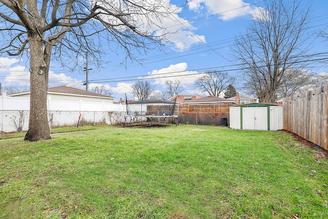 view of yard with a trampoline and a shed