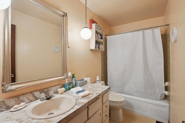 full bathroom featuring vanity, toilet, and shower / bathtub combination with curtain