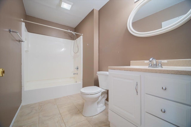 full bathroom with toilet, tile patterned floors, vanity, and bathing tub / shower combination