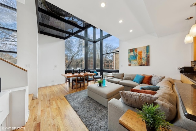 living room featuring a high ceiling, a wall of windows, and light hardwood / wood-style flooring