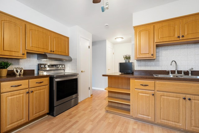 kitchen featuring ceiling fan, sink, light hardwood / wood-style flooring, stainless steel range with electric stovetop, and decorative backsplash