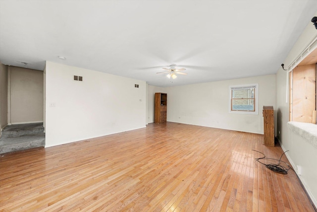 unfurnished living room featuring ceiling fan and light wood-type flooring