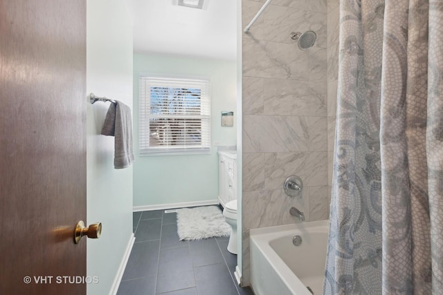 full bathroom featuring toilet, vanity, tile patterned floors, and shower / bath combination with curtain