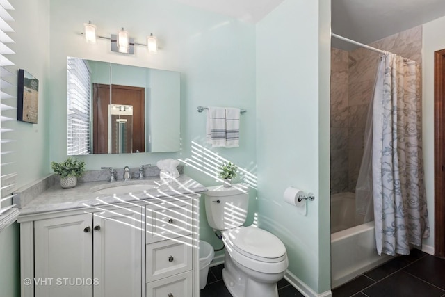 full bathroom with toilet, tile patterned flooring, shower / bath combination with curtain, and vanity