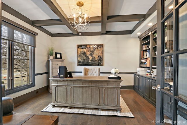 office area featuring dark hardwood / wood-style flooring, a notable chandelier, beam ceiling, and coffered ceiling