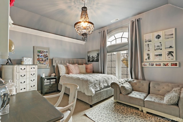 carpeted bedroom featuring lofted ceiling and a notable chandelier