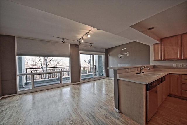 kitchen featuring track lighting, sink, stainless steel dishwasher, light hardwood / wood-style floors, and kitchen peninsula