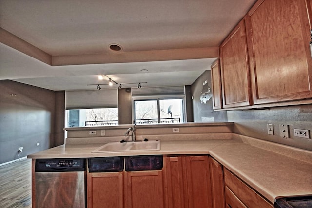 kitchen featuring hardwood / wood-style flooring, stainless steel dishwasher, and sink