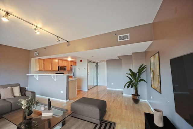 living room featuring rail lighting and light wood-type flooring