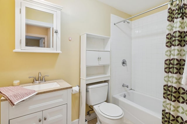 full bathroom with toilet, vanity, and shower / bathtub combination with curtain