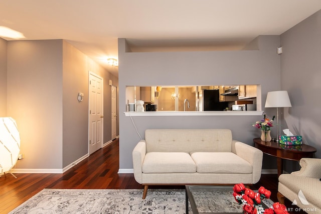 living room featuring sink and dark wood-type flooring