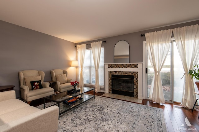 living room featuring a fireplace and wood-type flooring