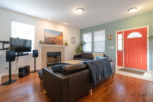 living room featuring hardwood / wood-style flooring and a fireplace