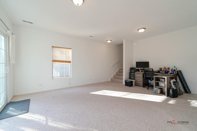 unfurnished office featuring light carpet