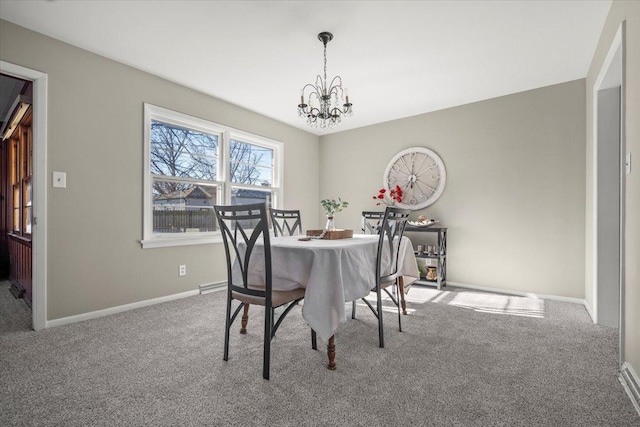 carpeted dining space with a notable chandelier