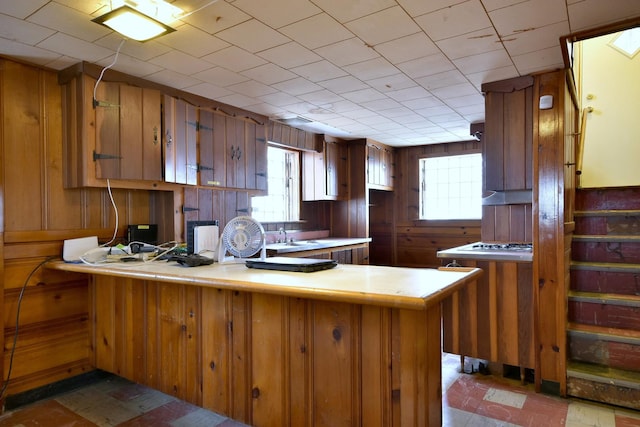 kitchen featuring kitchen peninsula and wood walls