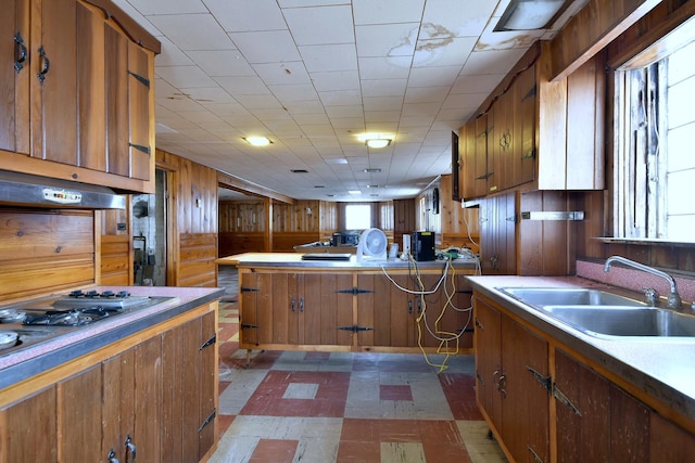 kitchen featuring gas cooktop, wooden walls, and sink