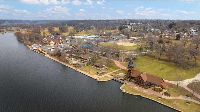 drone / aerial view featuring a water view