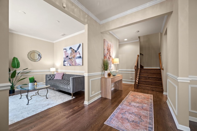 interior space with crown molding and dark hardwood / wood-style flooring