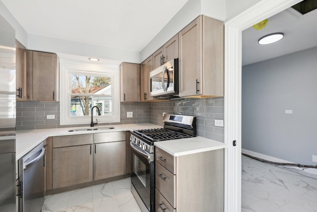 kitchen featuring decorative backsplash, stainless steel appliances, and sink