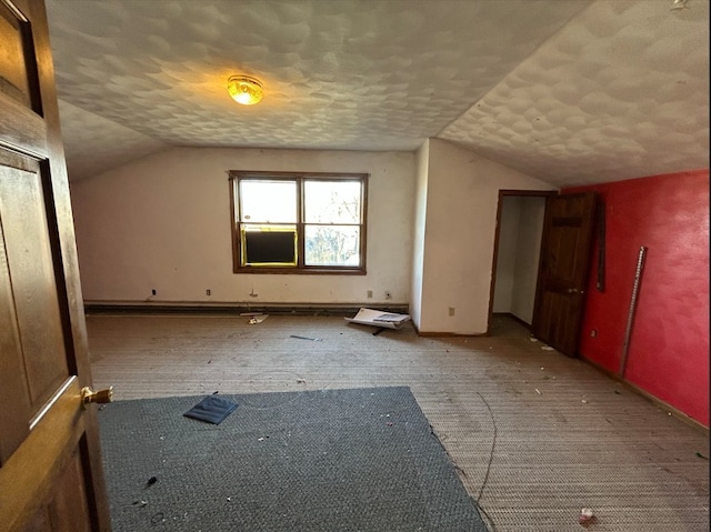 additional living space with a textured ceiling, carpet floors, and lofted ceiling