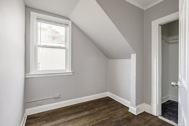 additional living space with plenty of natural light, dark wood-type flooring, and lofted ceiling