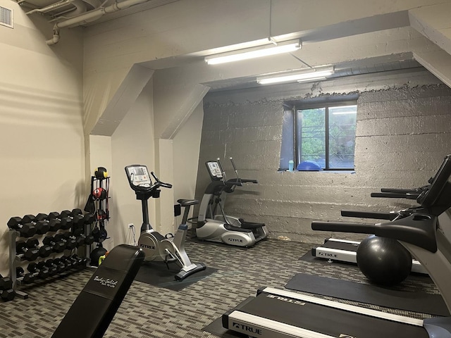 exercise room featuring carpet