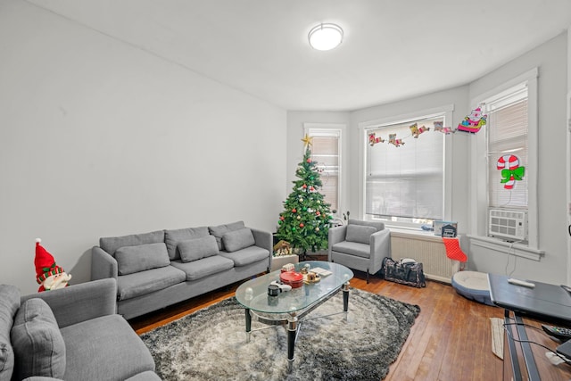 living room with wood-type flooring and radiator heating unit