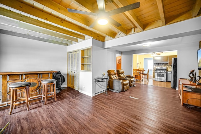 interior space featuring beam ceiling, ceiling fan, dark wood-type flooring, and wood ceiling