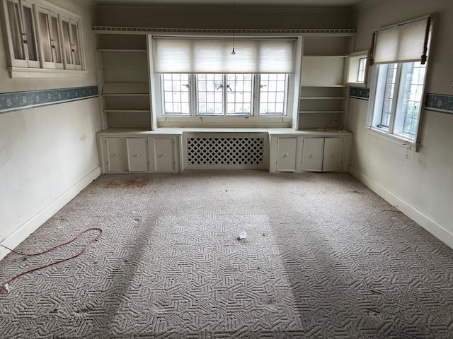 spare room with crown molding, radiator heating unit, and light colored carpet