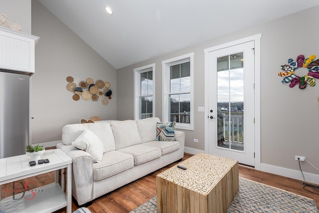 living room featuring lofted ceiling and dark wood-type flooring