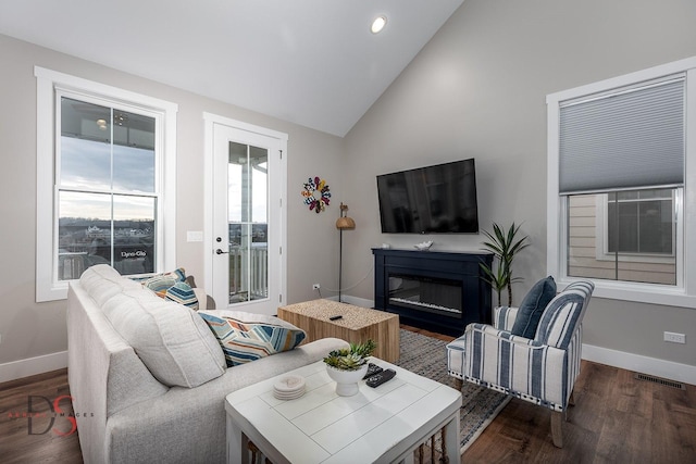 living room featuring dark wood-type flooring and vaulted ceiling