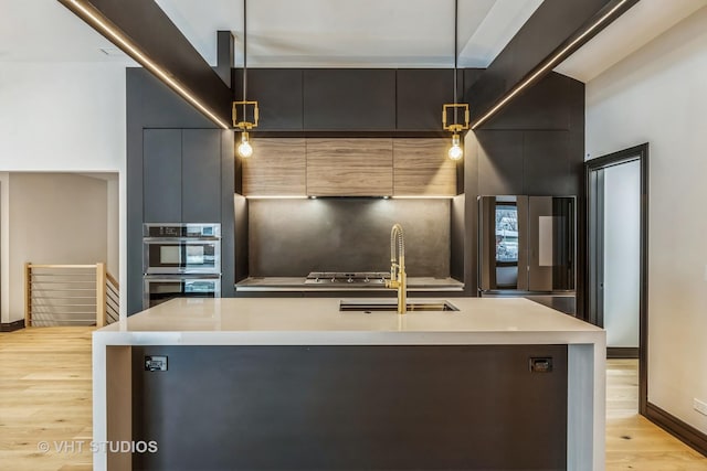 kitchen with pendant lighting, sink, a kitchen island with sink, and appliances with stainless steel finishes