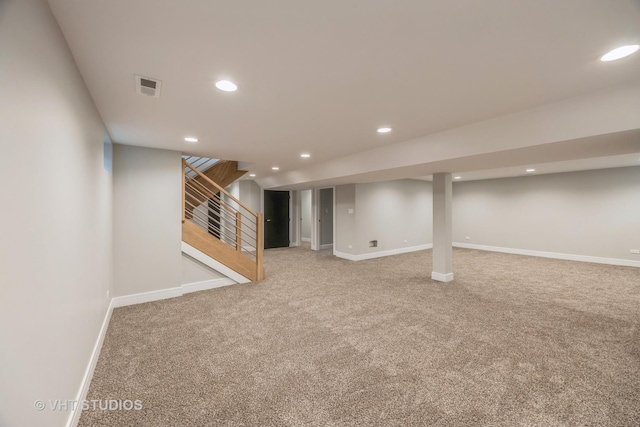 basement with carpet flooring