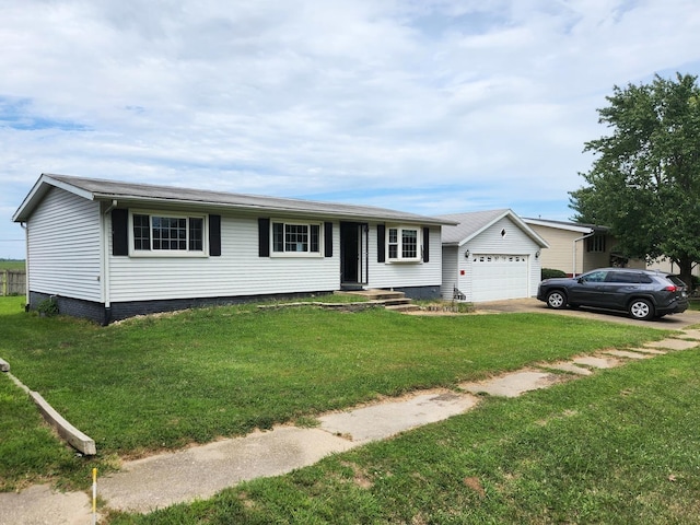 single story home featuring a front yard and a garage