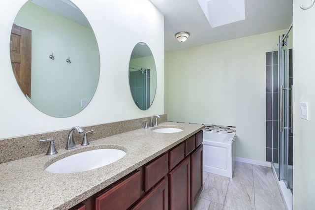 bathroom with a skylight, vanity, and shower with separate bathtub