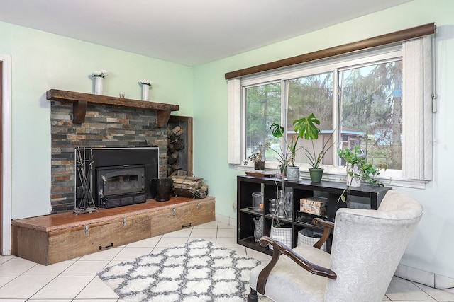 tiled home office with a stone fireplace