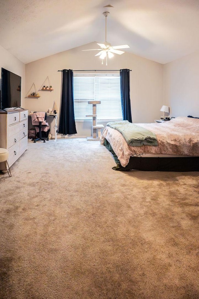 carpeted bedroom featuring ceiling fan and lofted ceiling