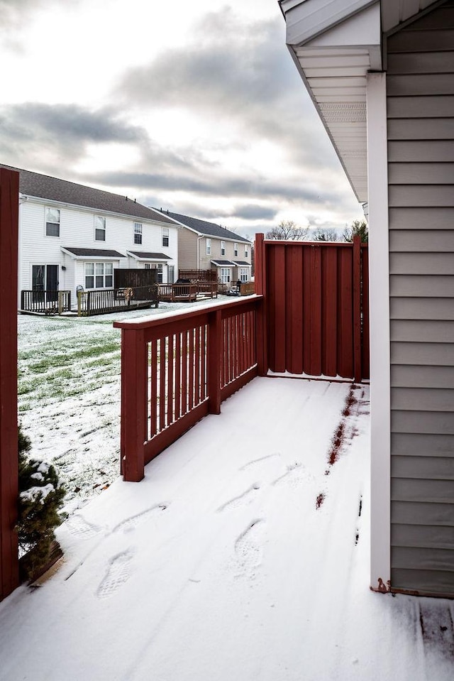 view of snow covered deck