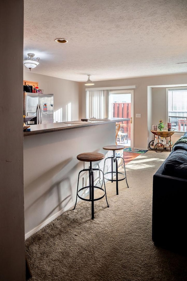 kitchen with carpet, a healthy amount of sunlight, a textured ceiling, and stainless steel refrigerator