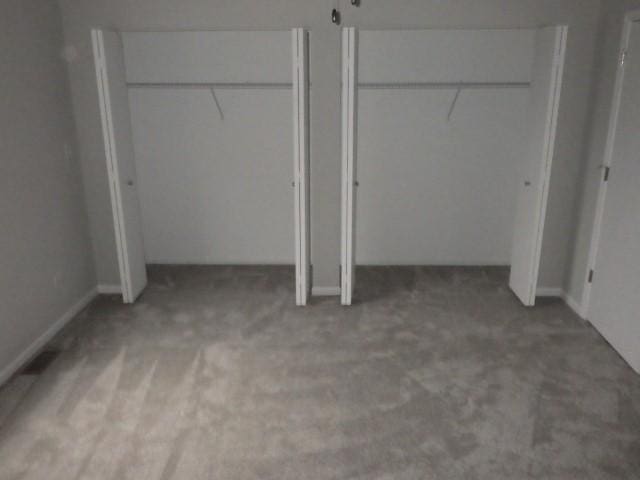 unfurnished bedroom featuring carpet flooring and two closets