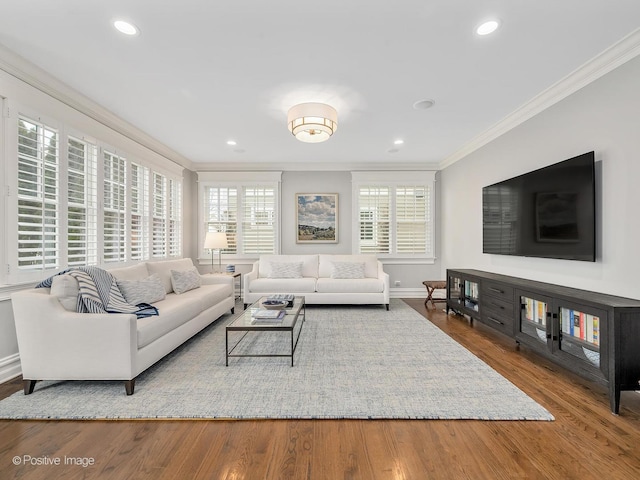 living room with ornamental molding and wood-type flooring