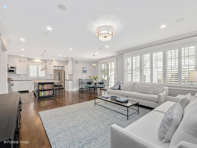 living room featuring crown molding, dark hardwood / wood-style flooring, and sink