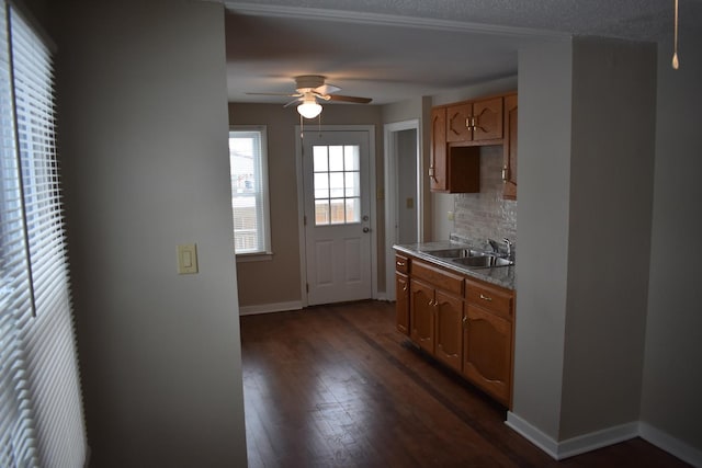 kitchen with sink, dark hardwood / wood-style floors, ceiling fan, a textured ceiling, and tasteful backsplash