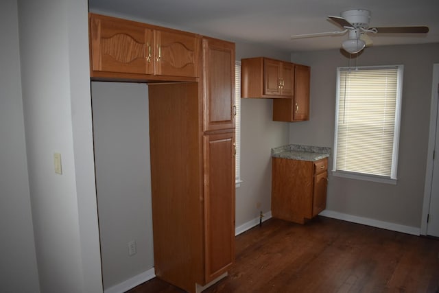 kitchen featuring ceiling fan and dark wood-type flooring